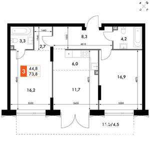 3-к квартира, вторичка, 74м2, 1/10 этаж