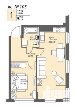1-к квартира, вторичка, 48м2, 9/25 этаж
