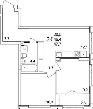 2-к квартира, вторичка, 48м2, 21/25 этаж