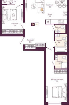 2-к квартира, вторичка, 78м2, 9/19 этаж