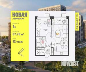 1-к квартира, вторичка, 38м2, 12/17 этаж