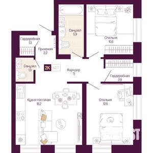 2-к квартира, вторичка, 63м2, 2/12 этаж