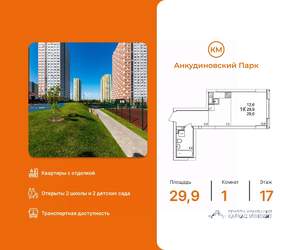 1-к квартира, вторичка, 30м2, 17/25 этаж