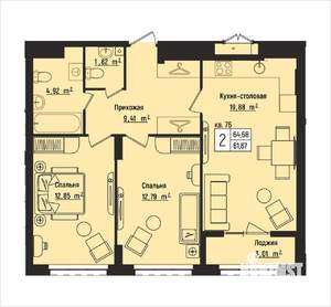 2-к квартира, вторичка, 65м2, 10/15 этаж