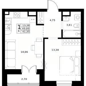1-к квартира, строящийся дом, 41м2, 12/24 этаж