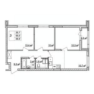 3-к квартира, строящийся дом, 67м2, 16/25 этаж