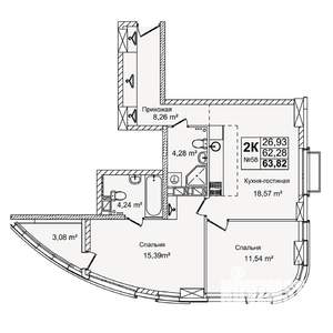 2-к квартира, вторичка, 64м2, 7/16 этаж