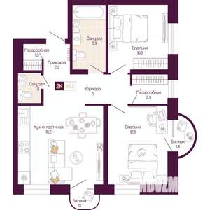 2-к квартира, вторичка, 63м2, 3/12 этаж