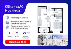 1-к квартира, вторичка, 30м2, 9/9 этаж