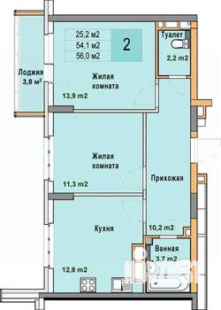 2-к квартира, вторичка, 56м2, 8/25 этаж