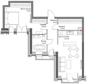 1-к квартира, вторичка, 58м2, 2/6 этаж