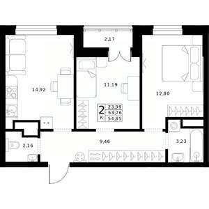 2-к квартира, строящийся дом, 55м2, 23/24 этаж