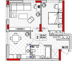 2-к квартира, вторичка, 56м2, 1/4 этаж