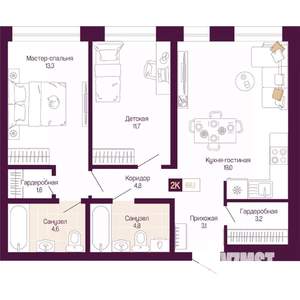 2-к квартира, вторичка, 66м2, 7/25 этаж