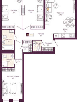 3-к квартира, вторичка, 94м2, 2/19 этаж