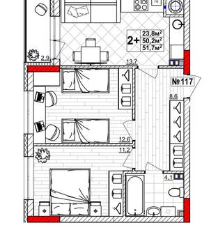 2-к квартира, вторичка, 52м2, 2/4 этаж