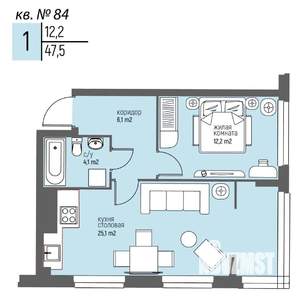 1-к квартира, вторичка, 48м2, 7/25 этаж