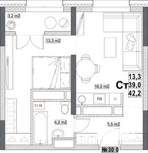 Студия квартира, вторичка, 42м2, 21/24 этаж