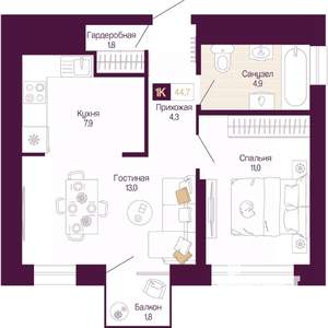 1-к квартира, вторичка, 43м2, 3/25 этаж