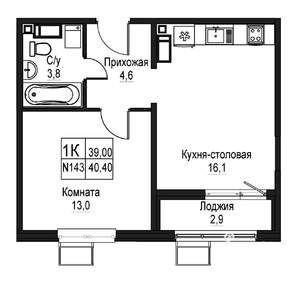1-к квартира, строящийся дом, 39м2, 10/10 этаж