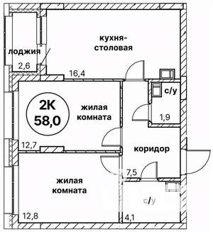 2-к квартира, вторичка, 58м2, 7/13 этаж