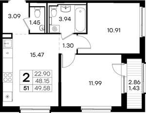 2-к квартира, вторичка, 50м2, 5/9 этаж