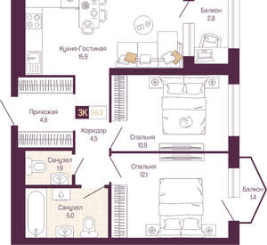 2-к квартира, вторичка, 57м2, 2/19 этаж