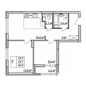 2-к квартира, строящийся дом, 55м2, 17/25 этаж