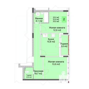 2-к квартира, строящийся дом, 56м2, 1/10 этаж