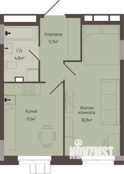 1-к квартира, строящийся дом, 39м2, 1/8 этаж