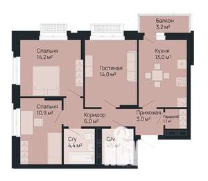 3-к квартира, строящийся дом, 73м2, 7/9 этаж