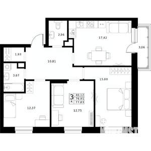 3-к квартира, строящийся дом, 78м2, 7/24 этаж