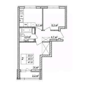 2-к квартира, строящийся дом, 42м2, 21/25 этаж