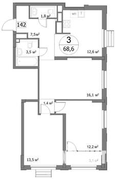 3-к квартира, вторичка, 69м2, 18/22 этаж