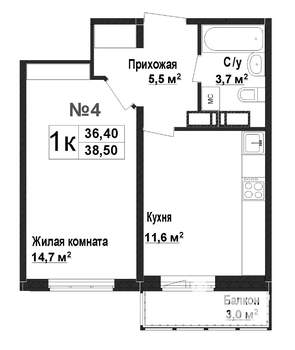 1-к квартира, вторичка, 36м2, 1/17 этаж