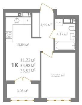 1-к квартира, строящийся дом, 36м2, 5/18 этаж