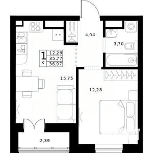 1-к квартира, строящийся дом, 37м2, 13/24 этаж