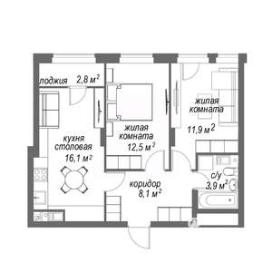 2-к квартира, строящийся дом, 55м2, 6/9 этаж