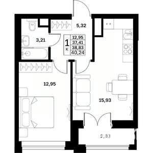 1-к квартира, строящийся дом, 39м2, 9/17 этаж