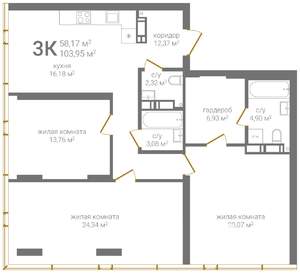 3-к квартира, строящийся дом, 104м2, 24/24 этаж