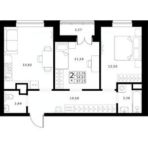 2-к квартира, строящийся дом, 57м2, 9/24 этаж