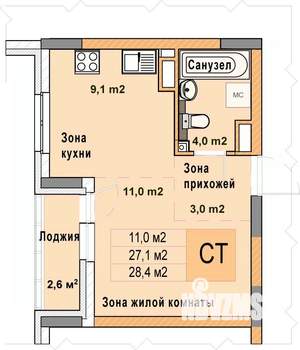 Студия квартира, вторичка, 28м2, 7/25 этаж