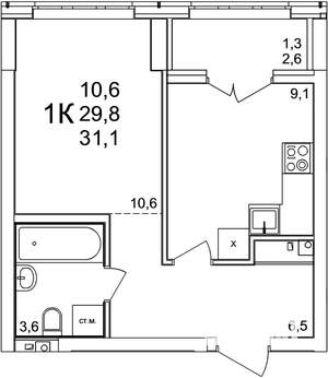 1-к квартира, вторичка, 31м2, 2/25 этаж
