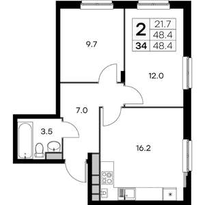 2-к квартира, вторичка, 48м2, 4/4 этаж