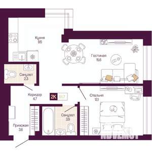 2-к квартира, вторичка, 52м2, 9/12 этаж