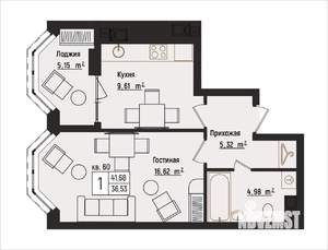 1-к квартира, вторичка, 42м2, 8/15 этаж