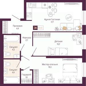 2-к квартира, вторичка, 65м2, 7/14 этаж