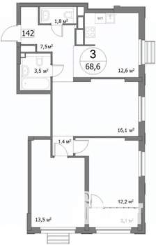 3-к квартира, строящийся дом, 74м2, 18/22 этаж