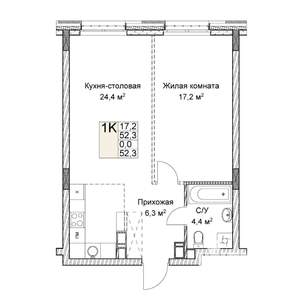 1-к квартира, вторичка, 52м2, 4/9 этаж
