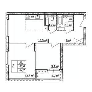 2-к квартира, строящийся дом, 55м2, 21/25 этаж